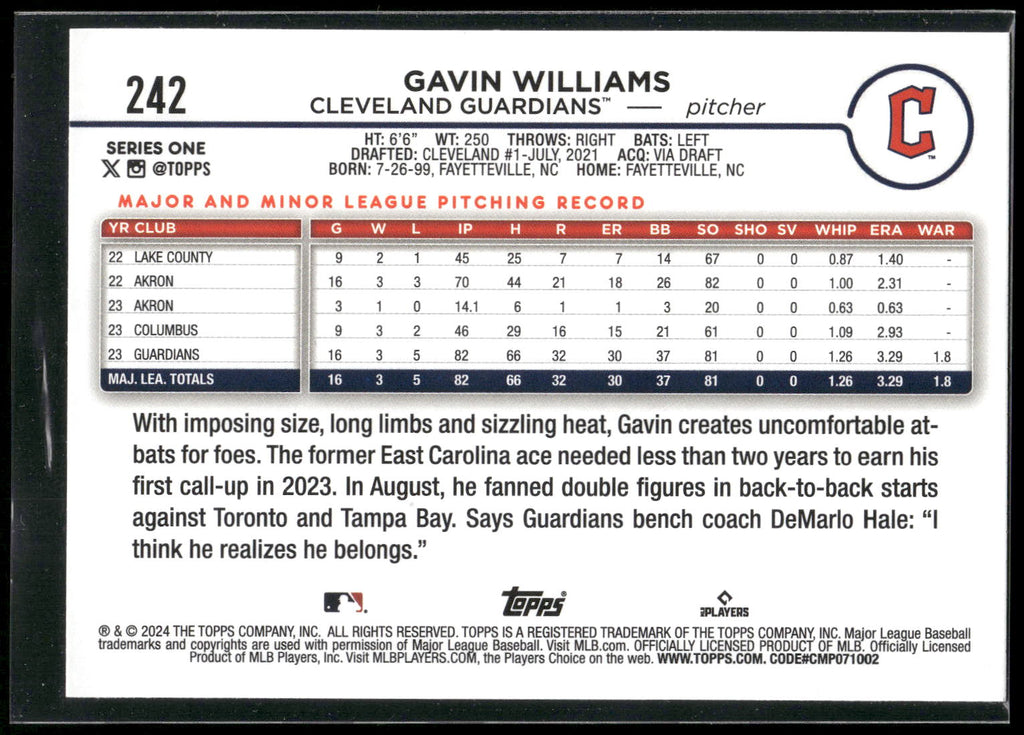 2024 Topps #242 Gavin Williams