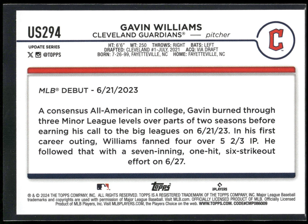 2024 Topps Update #US294 Gavin Williams