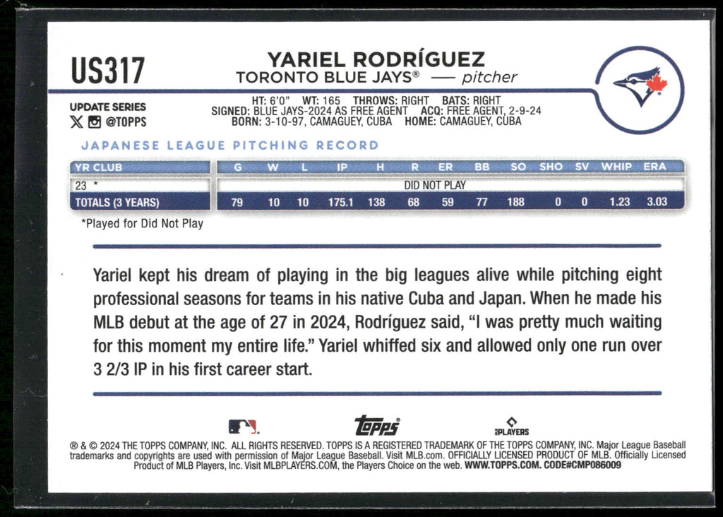 2024 Topps Update #US317 Yariel Rodriguez