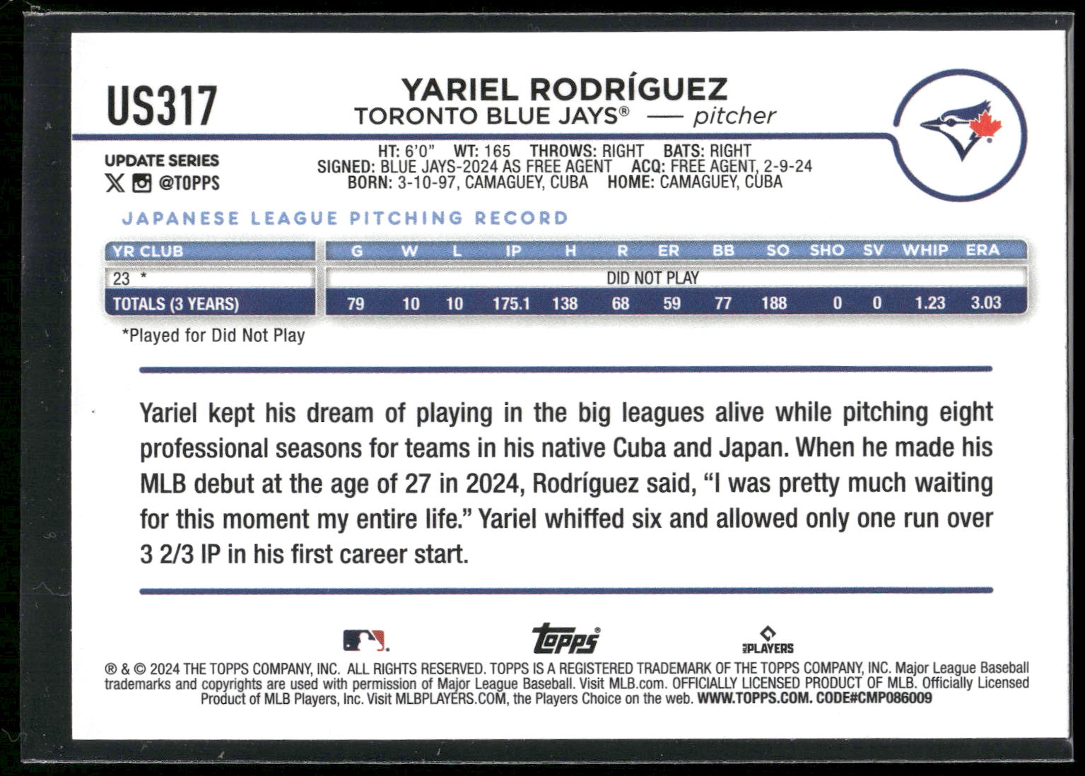 2024 Topps Update #US317 Yariel Rodriguez