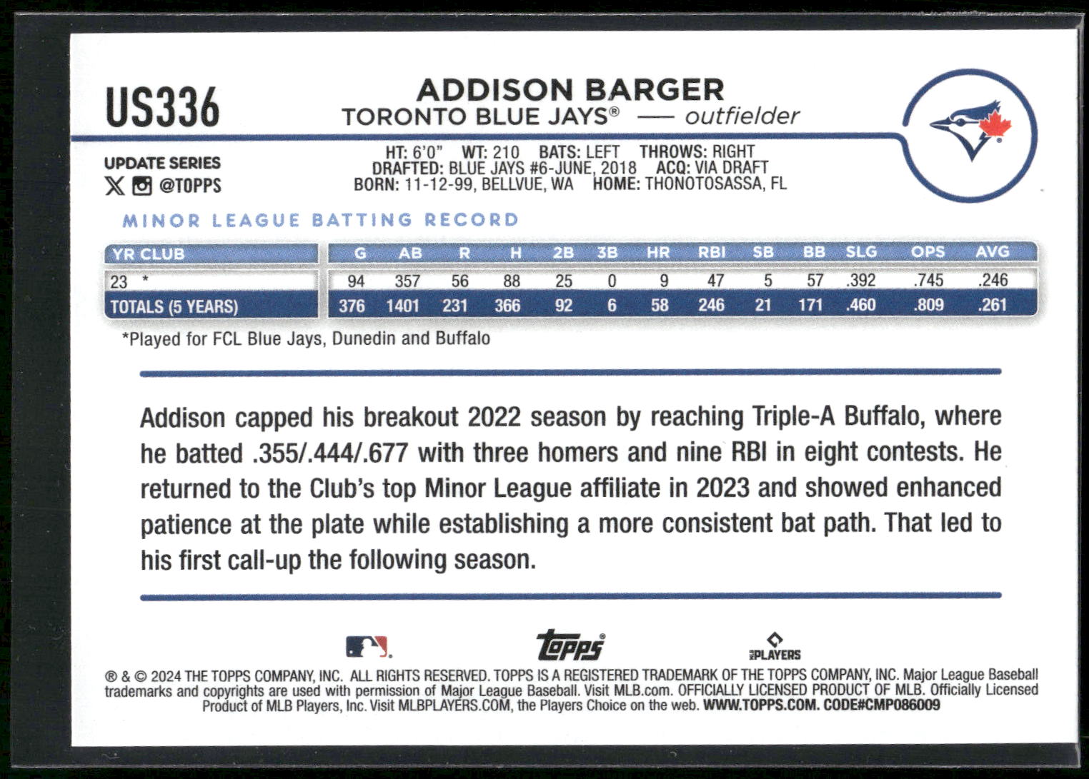 2024 Topps Update #US336 Addison Barger