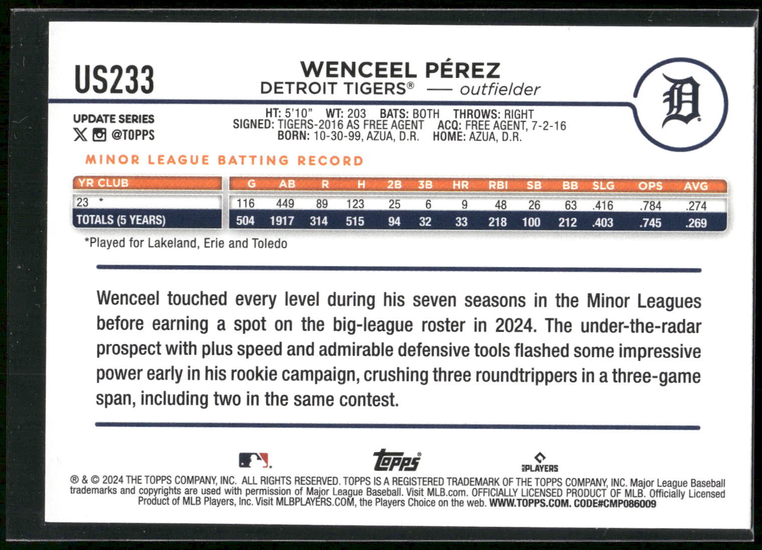 2024 Topps Update #US233 Wenceel Perez