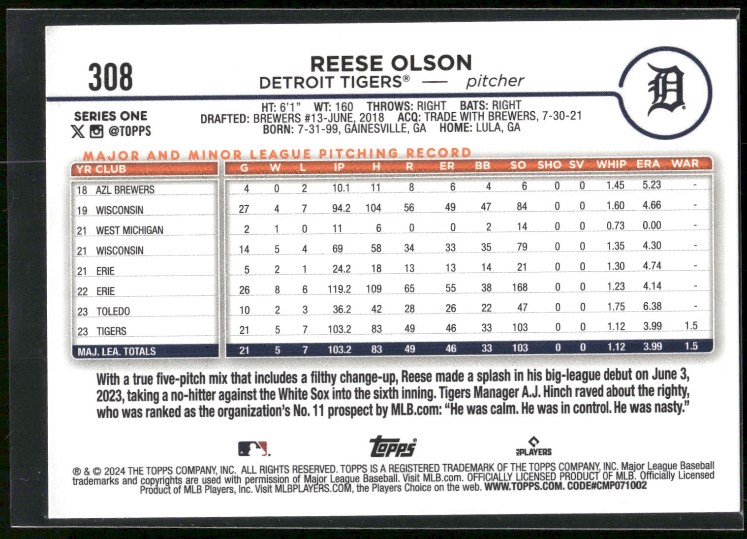 2024 Topps #308 Reese Olson