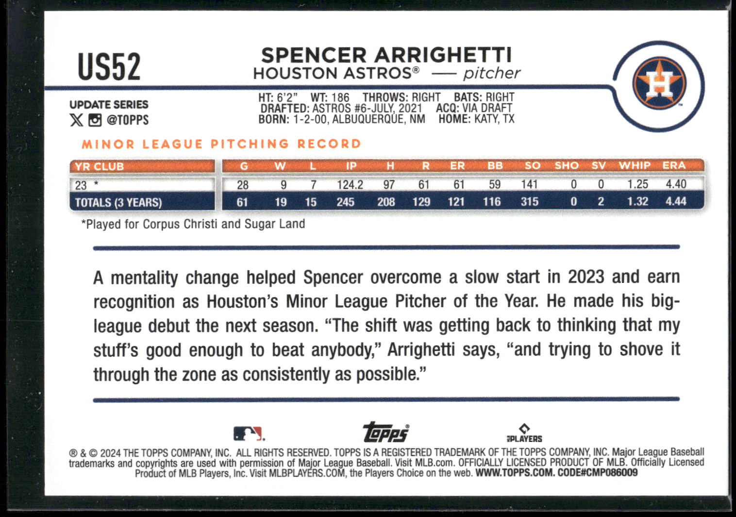 2024 Topps Update #US52 Spencer Arrighetti