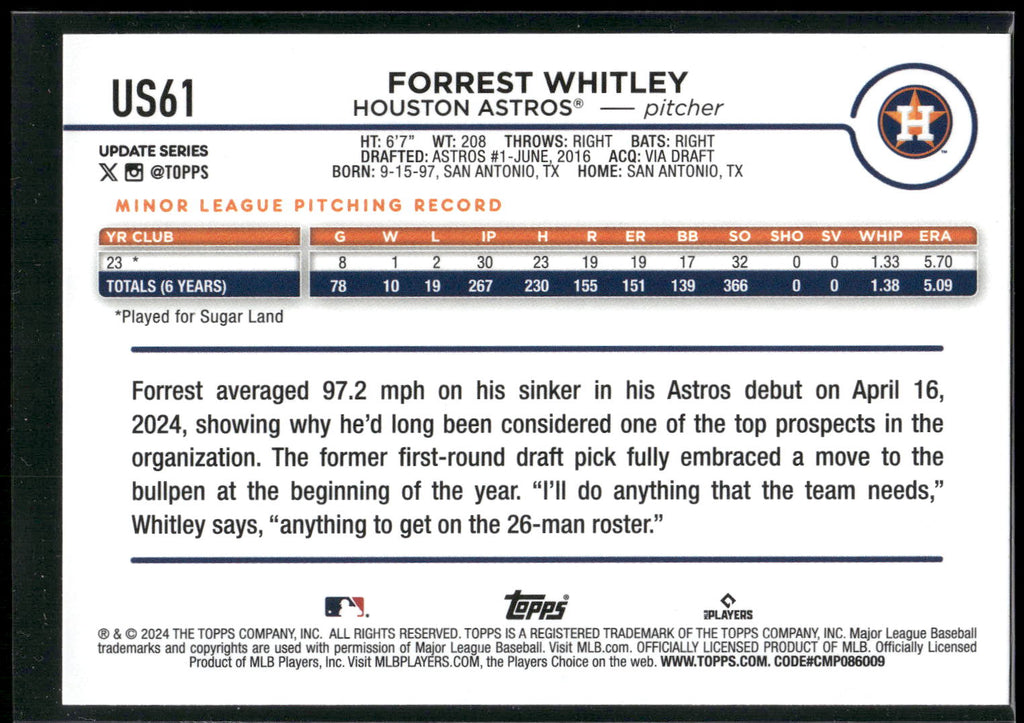 2024 Topps Update #US61 Forrest Whitley