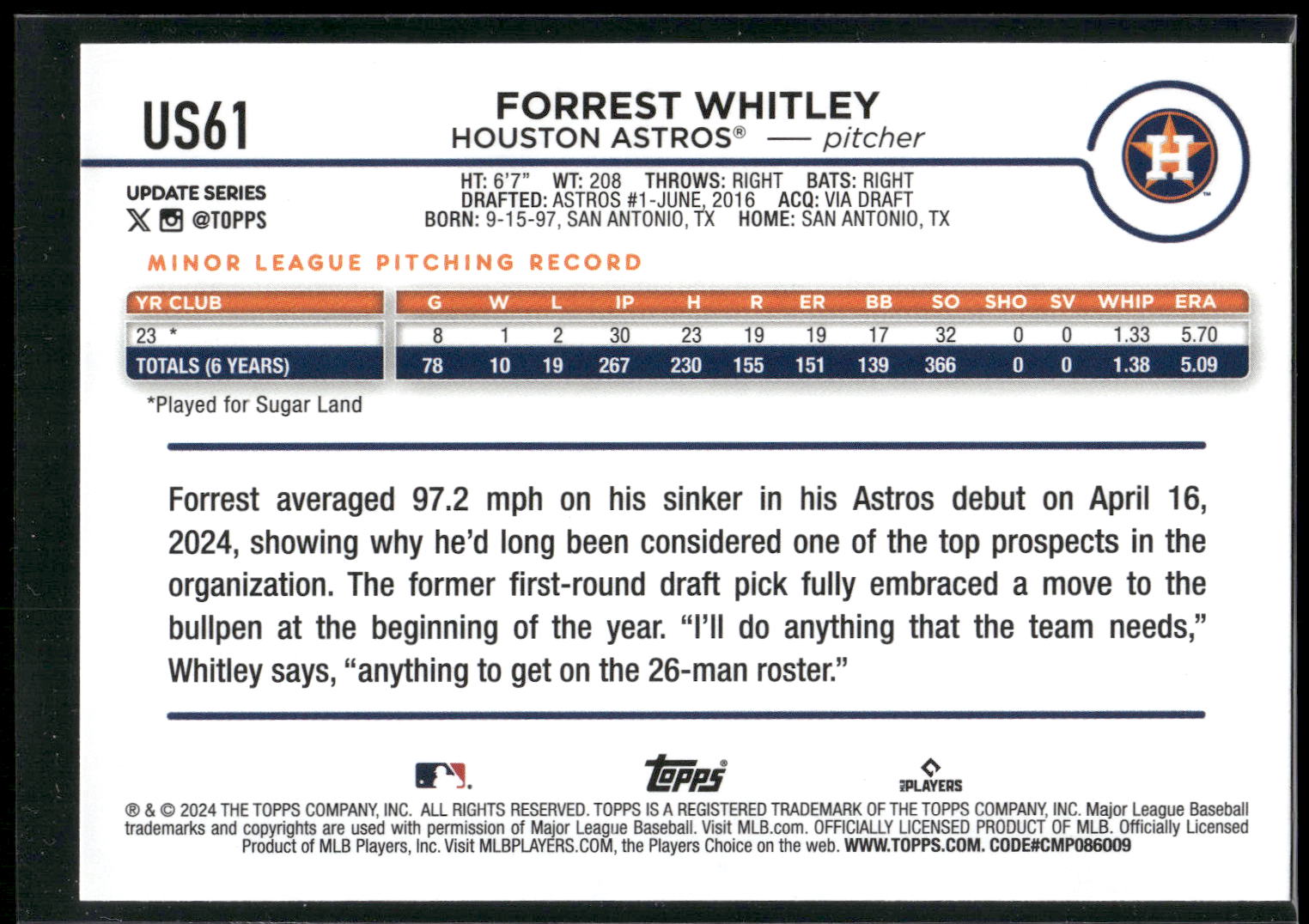 2024 Topps Update #US61 Forrest Whitley
