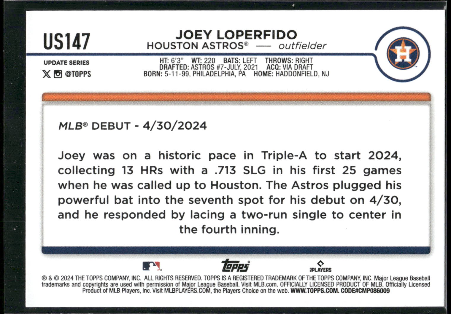 2024 Topps Update #US147 Joey Loperfido