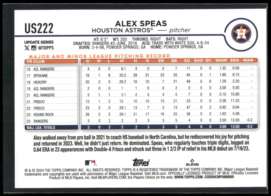 2024 Topps Update #US222 Alex Speas