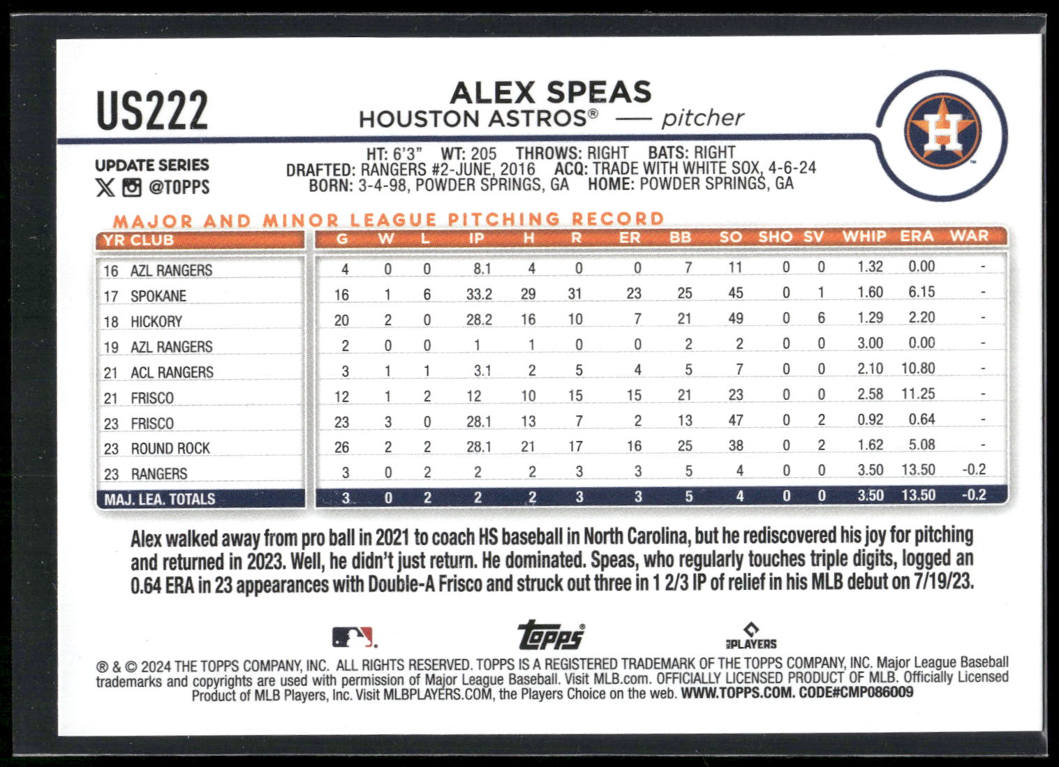 2024 Topps Update #US222 Alex Speas