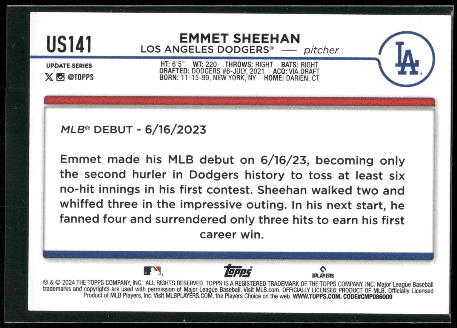 2024 Topps Update #US141 Emmet Sheehan