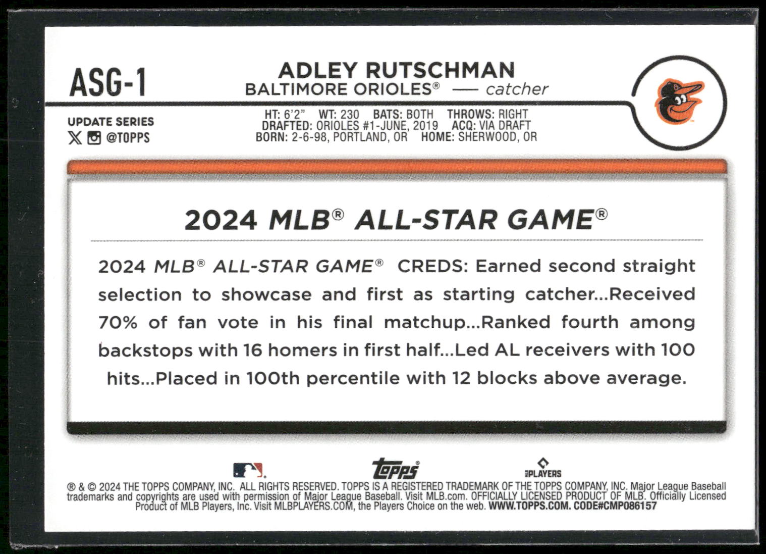 2024 Topps Update #ASG-1 Adley Rutschman 2024 All-Star Game