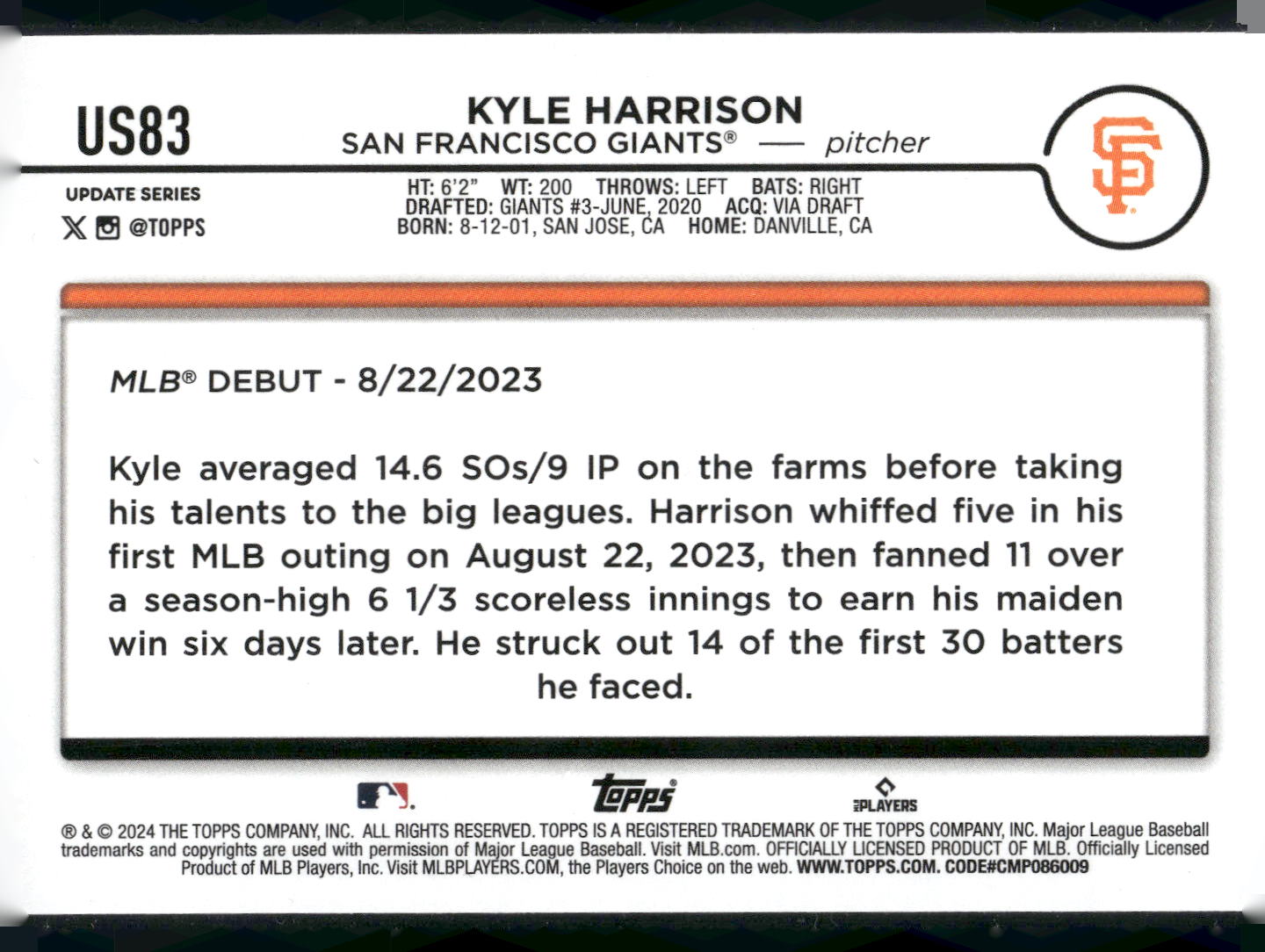 2024 Topps Update #US83 Kyle Harrison