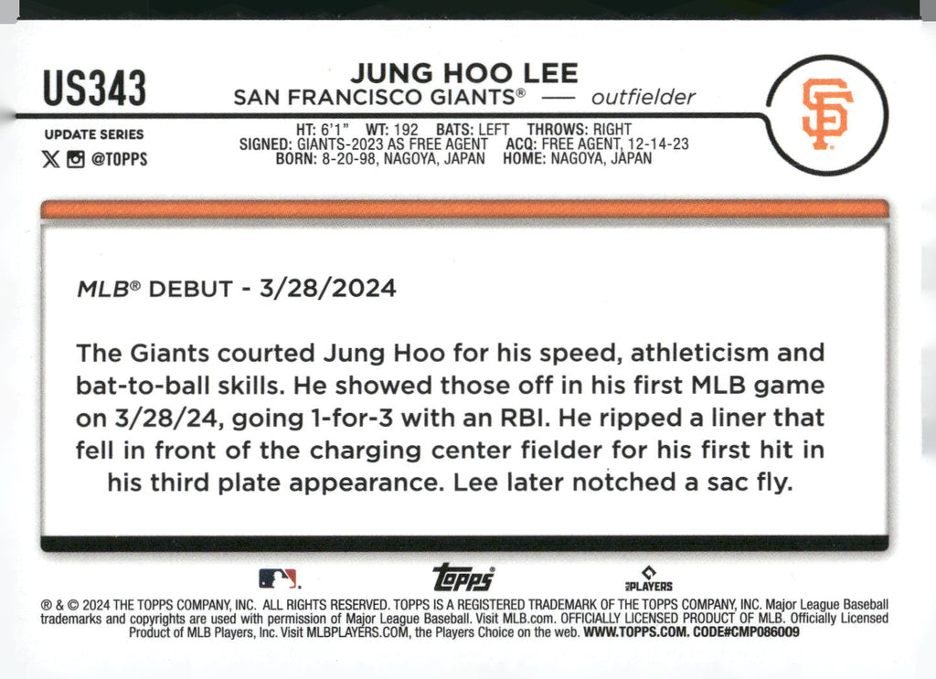 2024 Topps Update #US343 Jung Hoo Lee