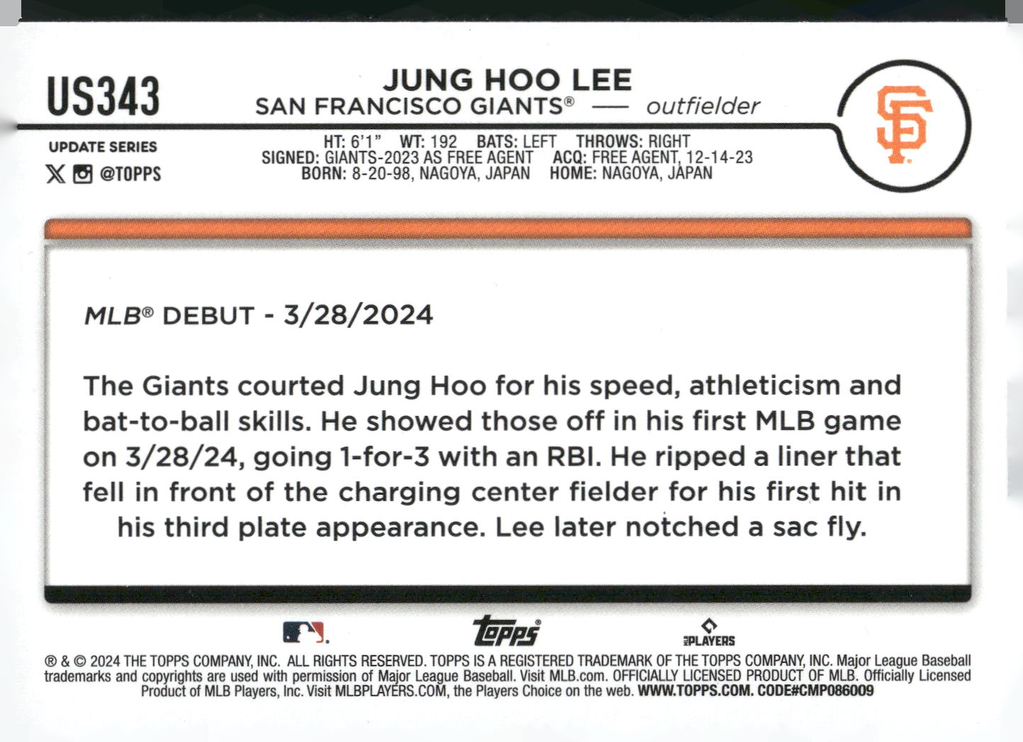 2024 Topps Update #US343 Jung Hoo Lee