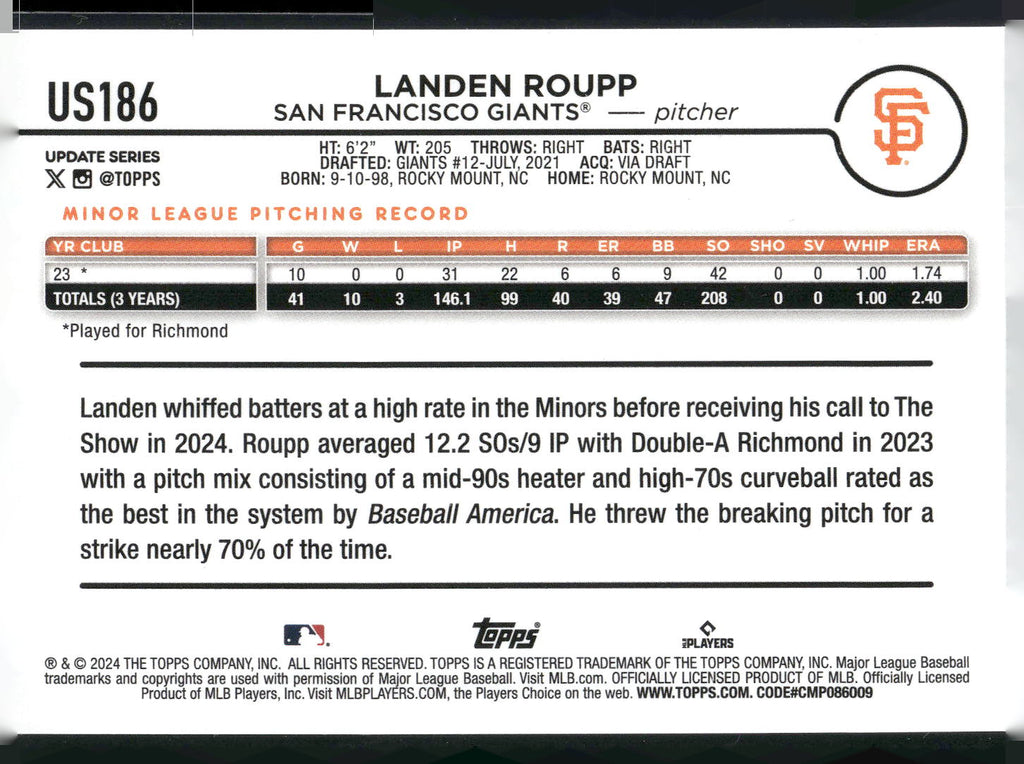 2024 Topps Update #US186 Landen Roupp