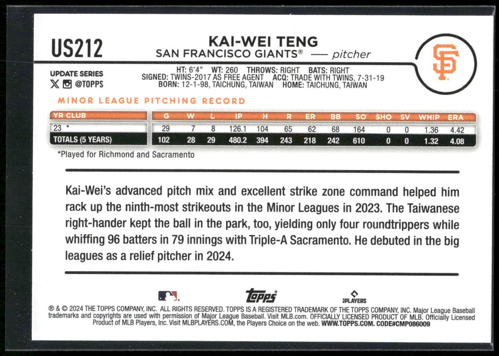 2024 Topps Update #US212 Kai-Wei Teng