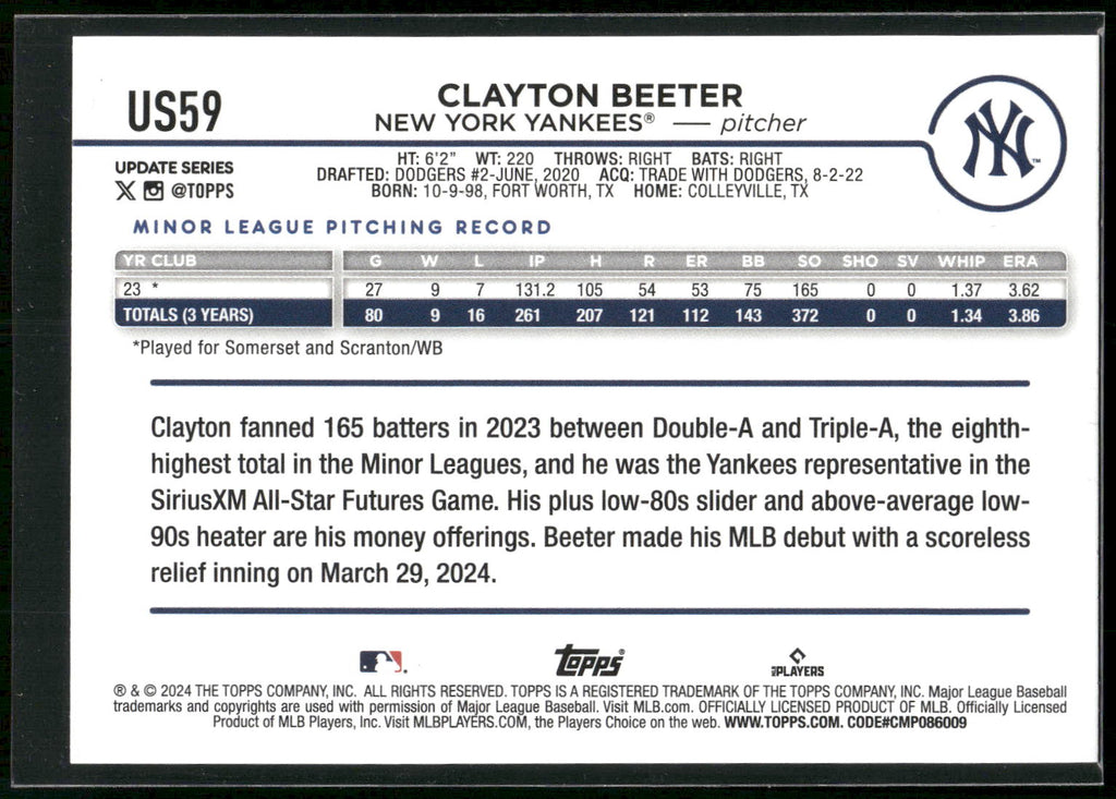 2024 Topps Update #US59 Clayton Beeter Rainbow Foil