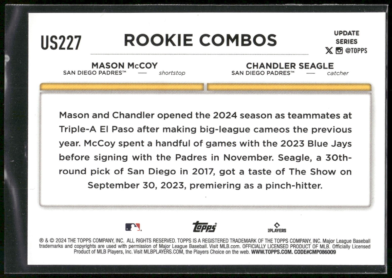2024 Topps Update #US227 Chandler Seagle / Mason McCoy RCOM Rainbow Foil