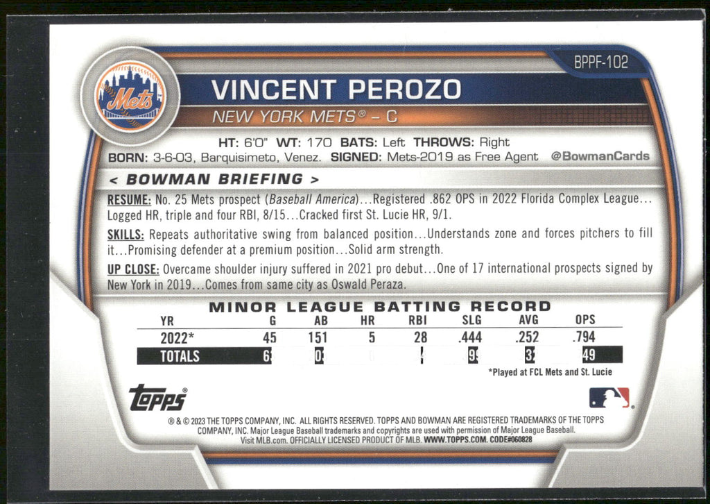 2023 Bowman 1st Edition #BPPF-102 Vincent Perozo
