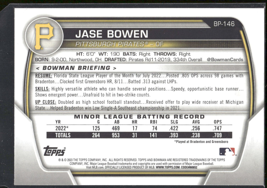 2023 Bowman #BP-146 Jase Bowen Prospects