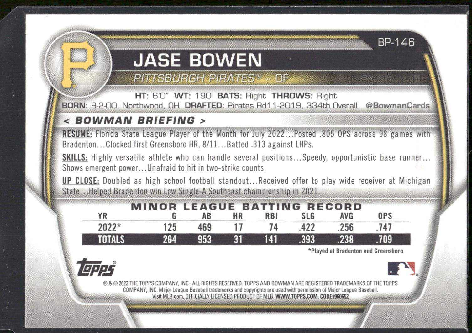 2023 Bowman #BP-146 Jase Bowen Prospects