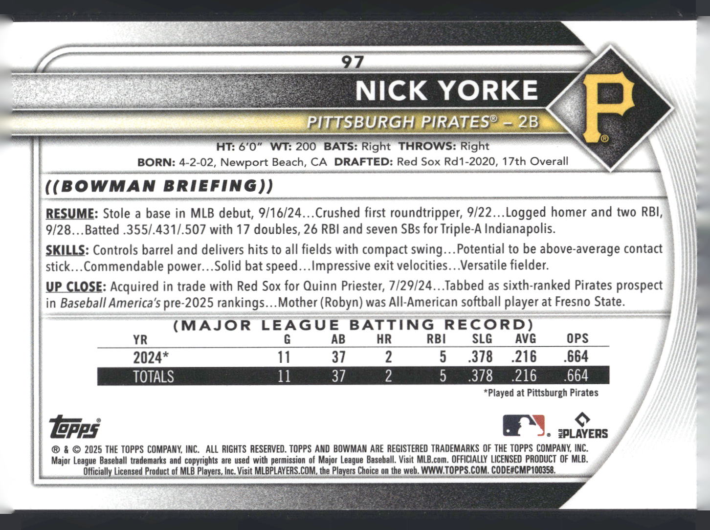 2025 Bowman #97 Nick Yorke