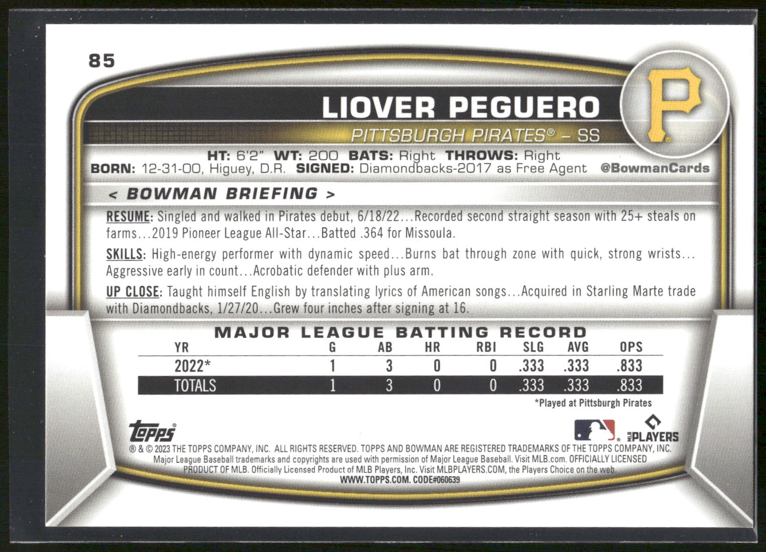 2023 Bowman #85 Liover Peguero