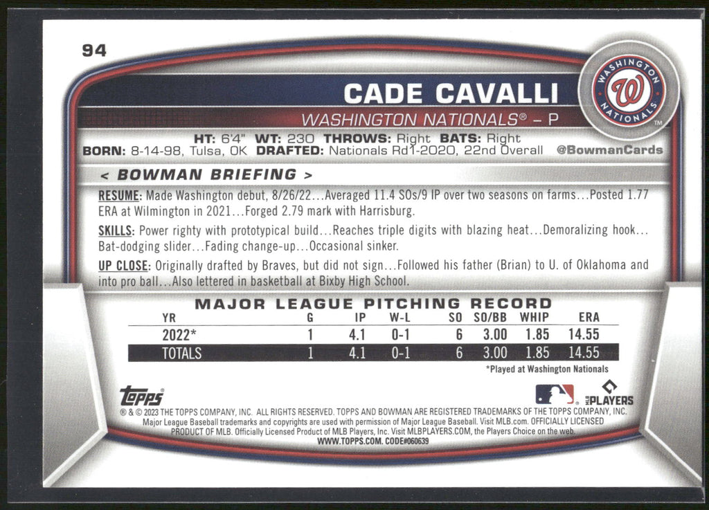 2023 Bowman #94 Cade Cavalli