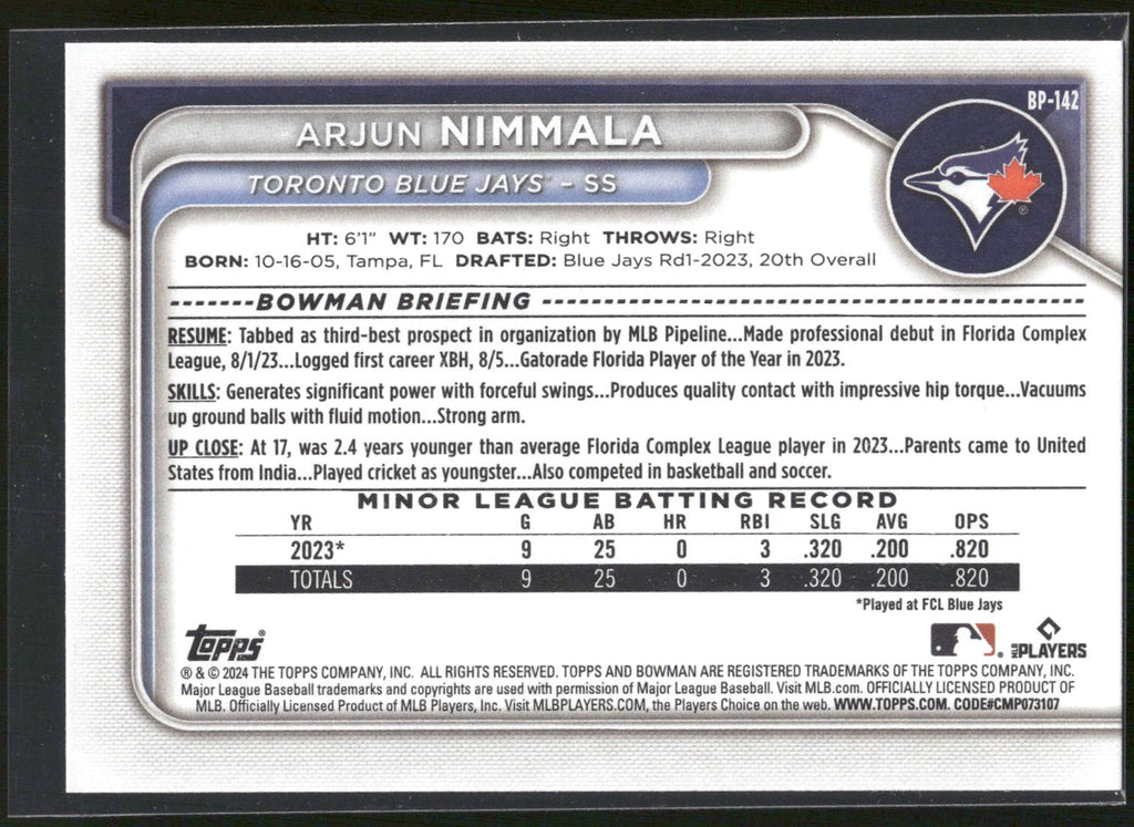 2024 Bowman #BP-142 Arjun Nimmala Prospects