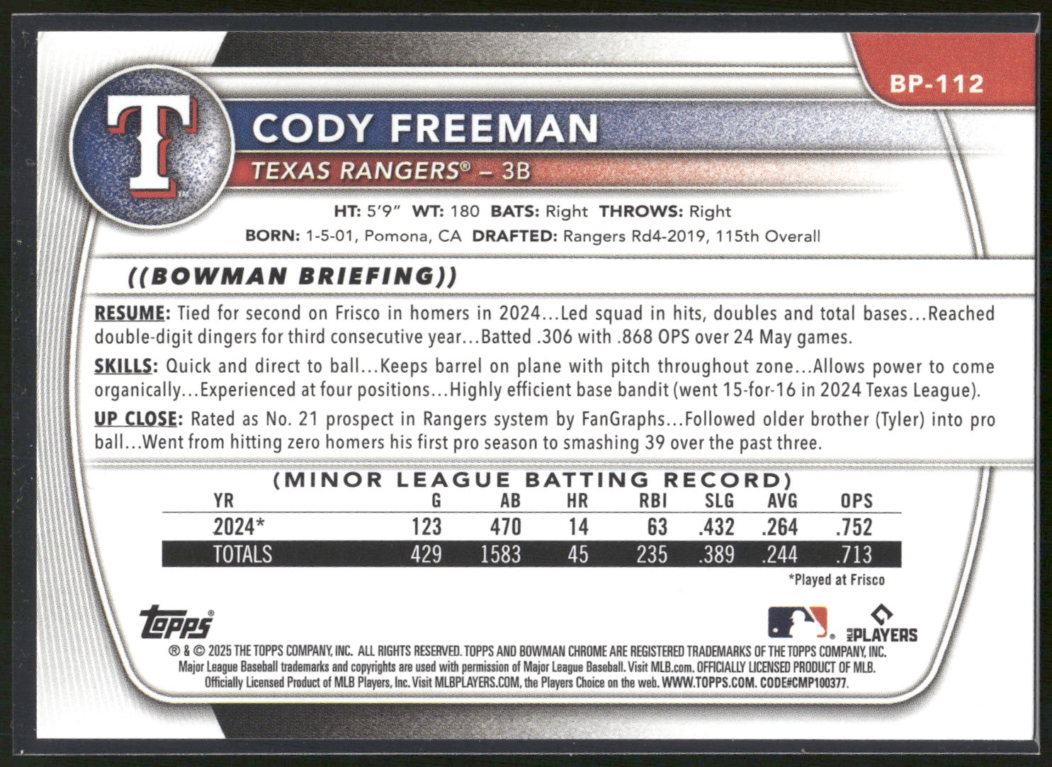 2025 Bowman #BP-112 Cody Freeman Prospects