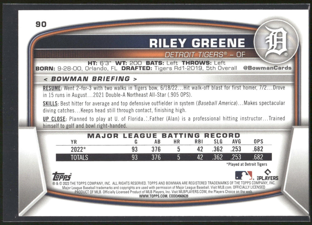 2023 Bowman #90 Riley Greene