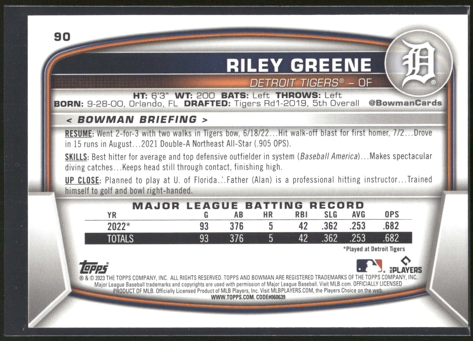 2023 Bowman #90 Riley Greene
