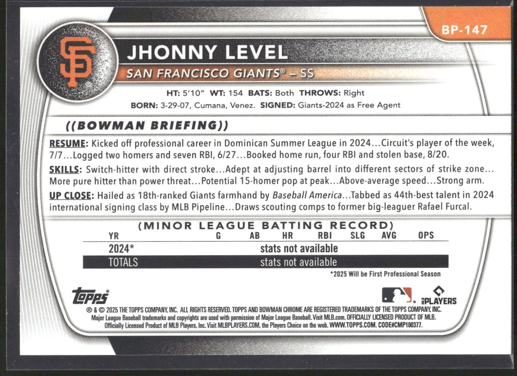 2025 Bowman #BP-147 Jhonny Level Prospects