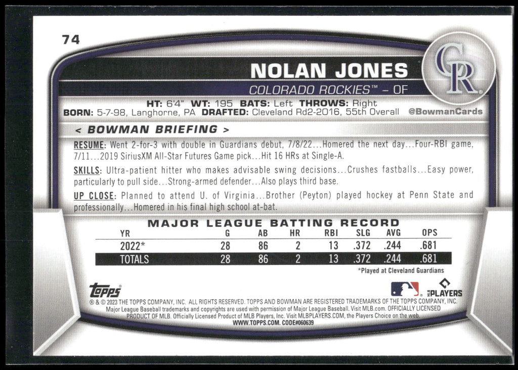 2023 Bowman #74 Nolan Jones