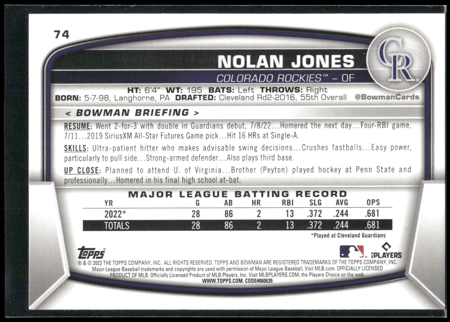 2023 Bowman #74 Nolan Jones
