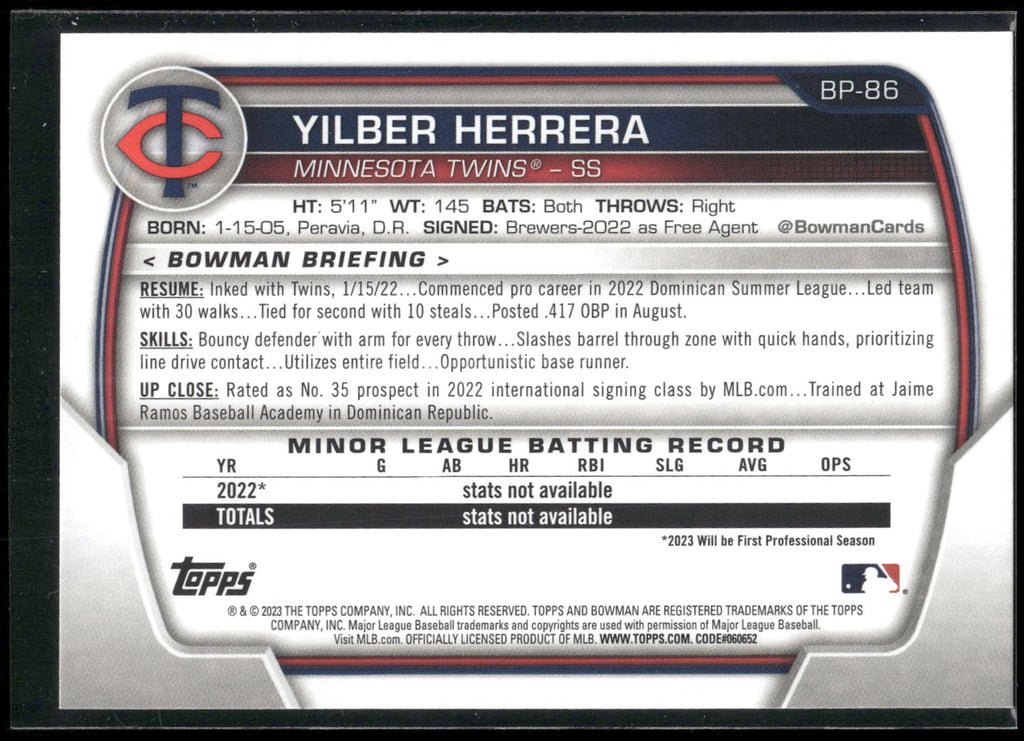 2023 Bowman #BP-86 Yilber Herrera Prospects