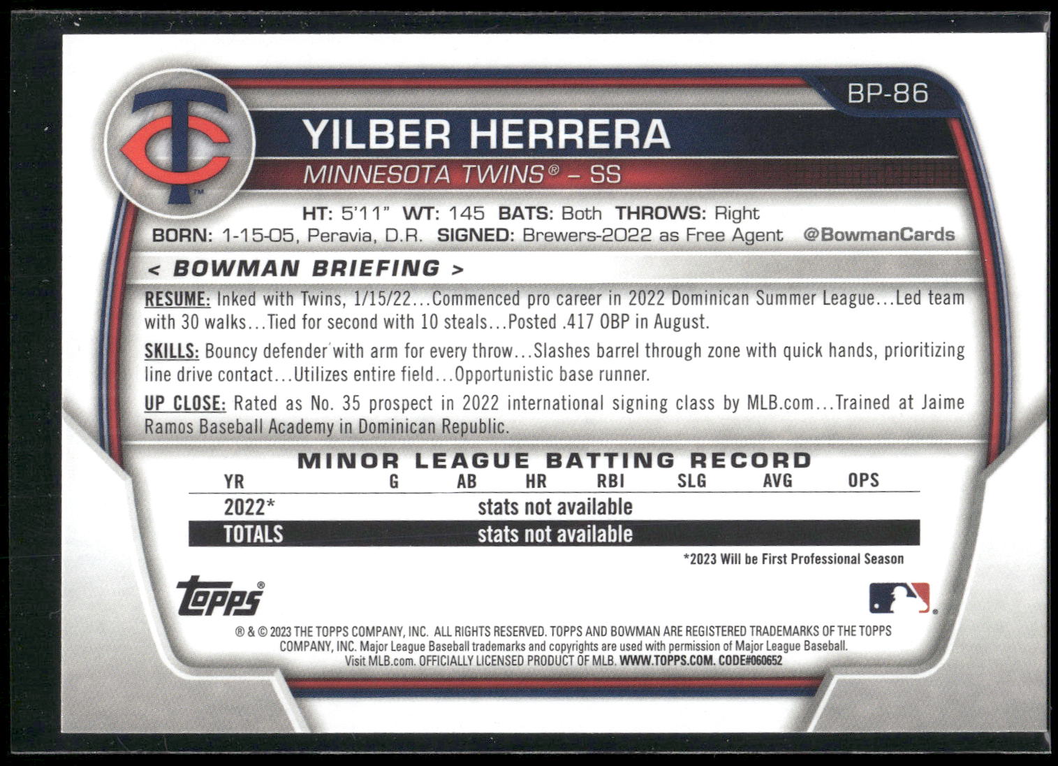 2023 Bowman #BP-86 Yilber Herrera Prospects