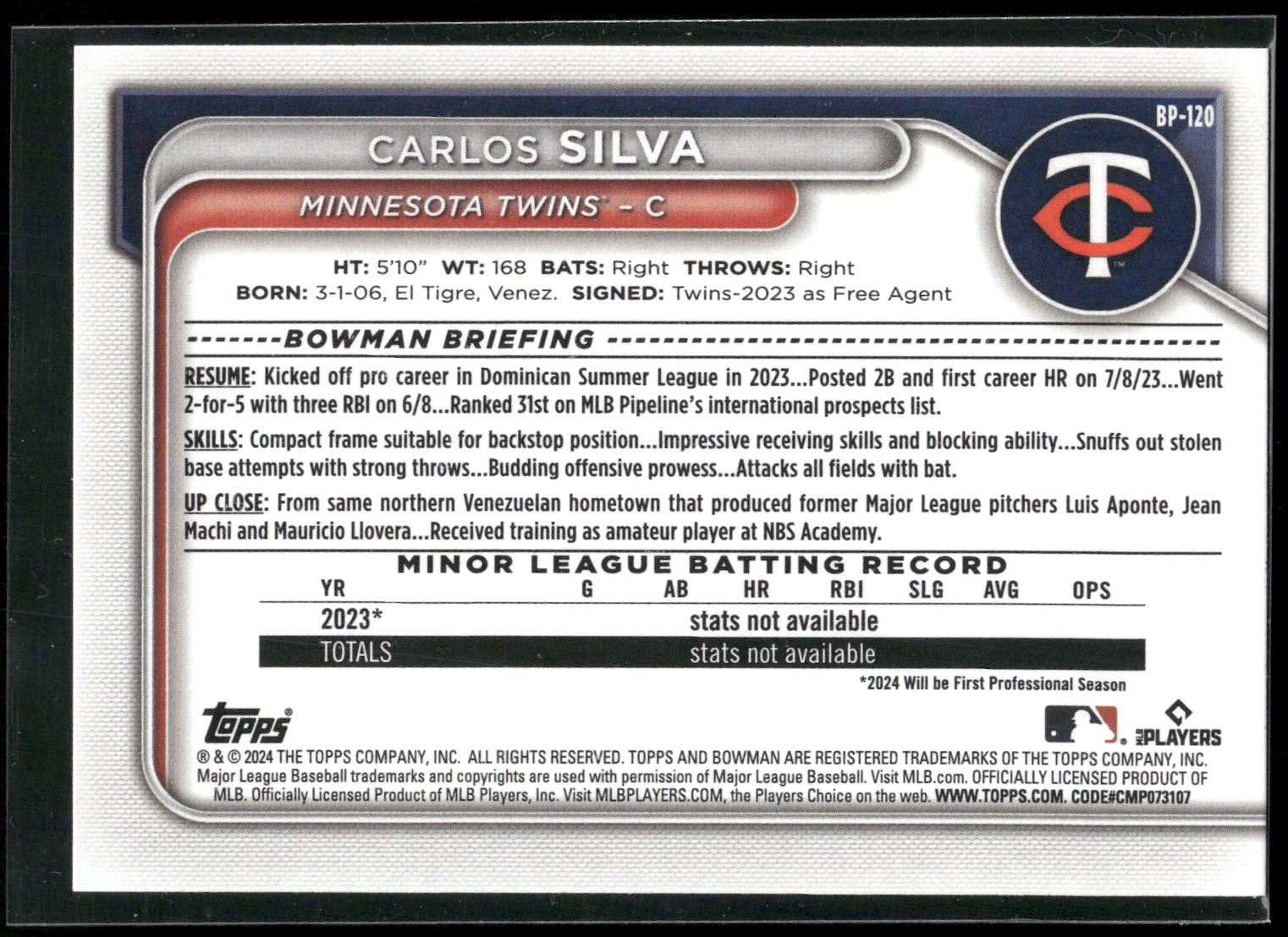 2024 Bowman #BP-120 Carlos Silva Prospects