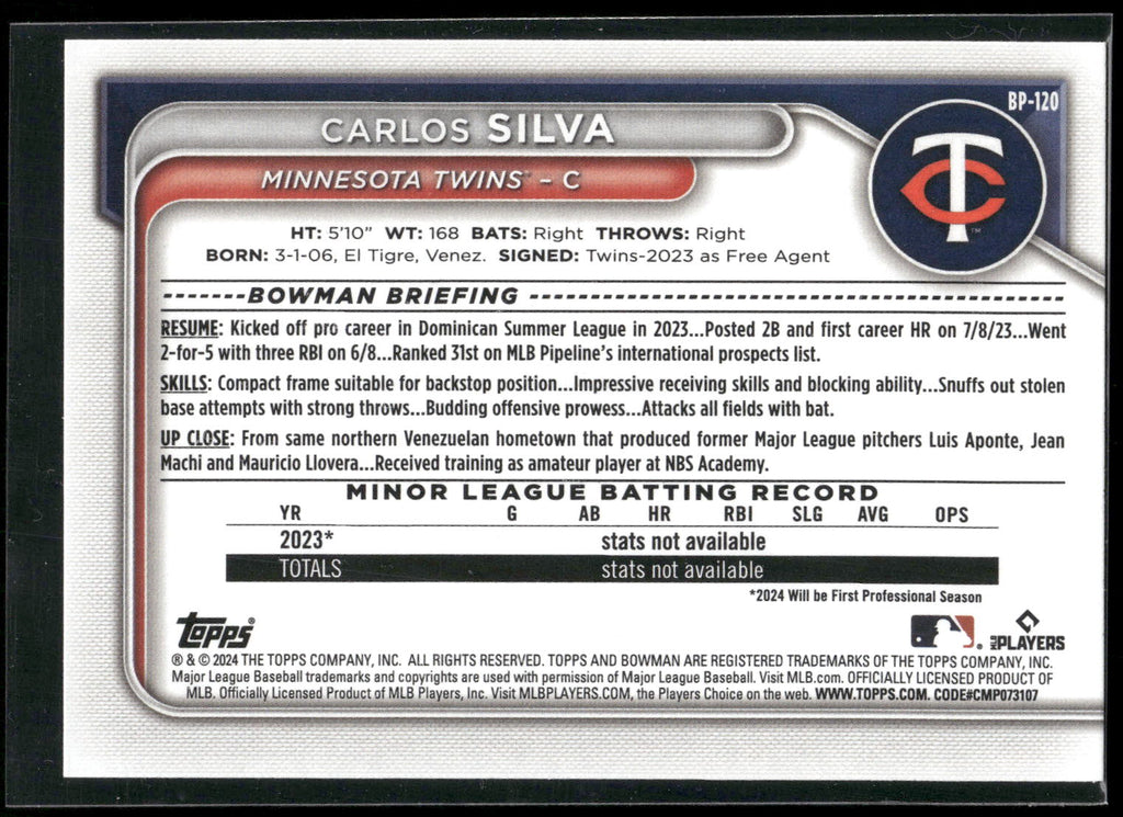 2024 Bowman #BP-120 Carlos Silva Prospects