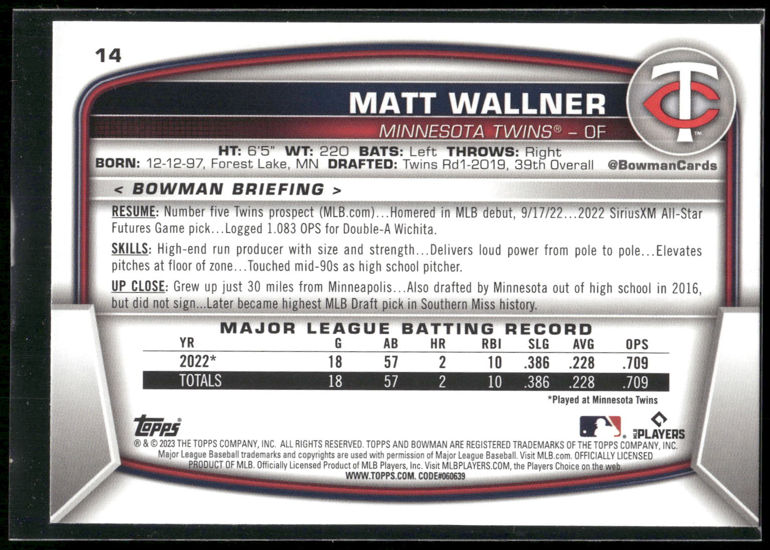 2023 Bowman #14 Matt Wallner