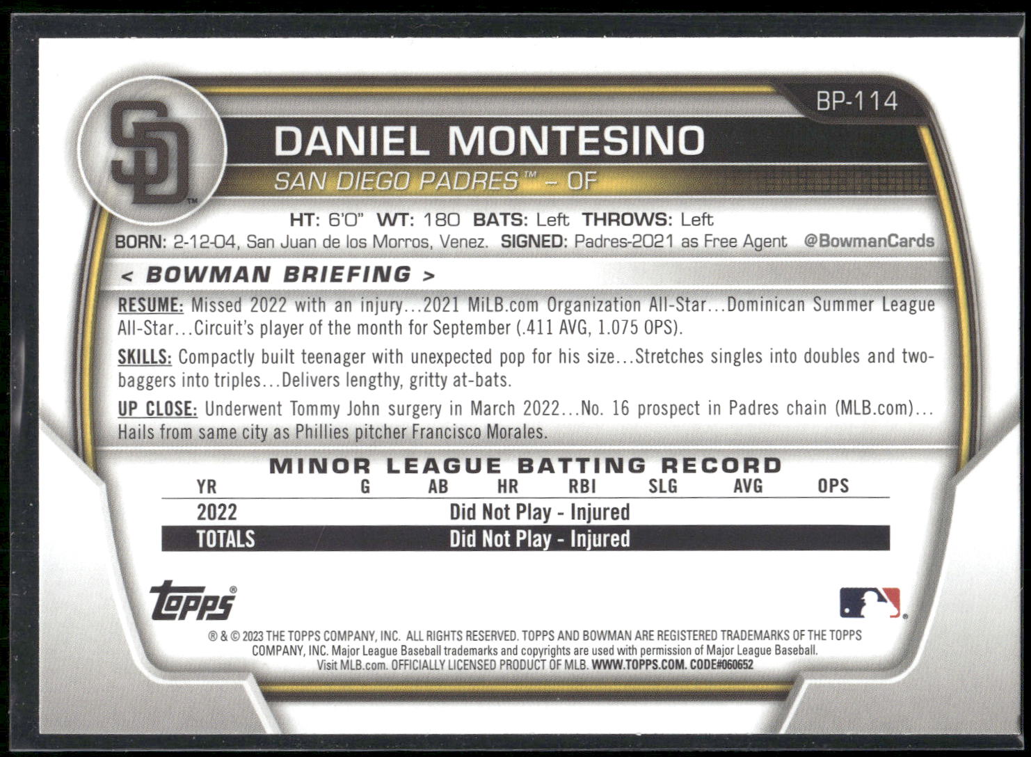 2023 Bowman #BP-114 Daniel Montesino Prospects
