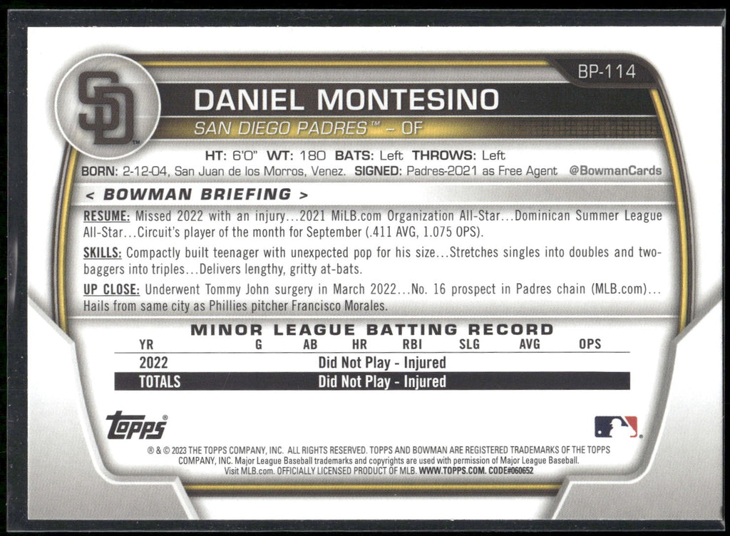 2023 Bowman #BP-114 Daniel Montesino Prospects