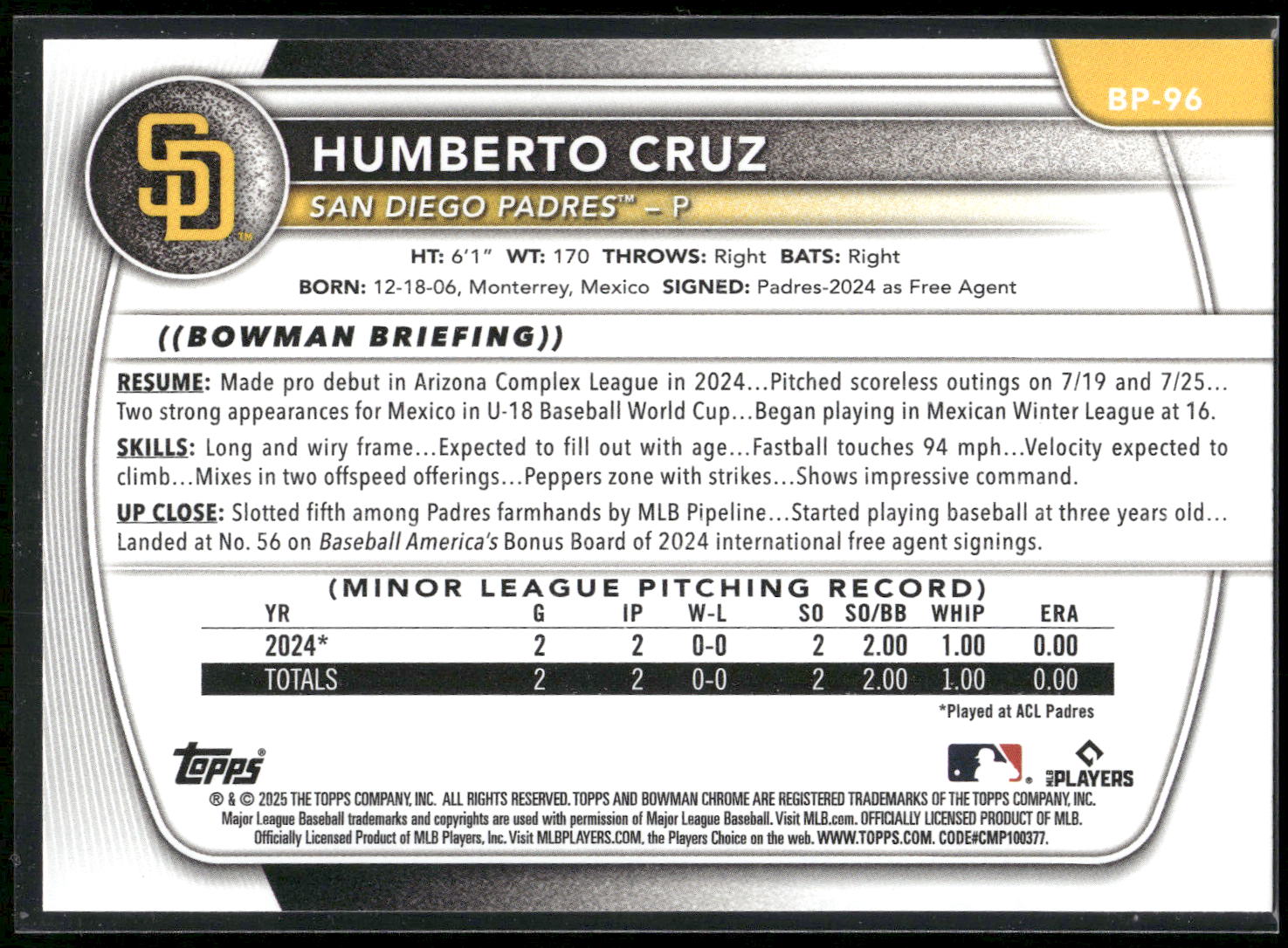 2025 Bowman #BP-96 Humberto Cruz Prospects