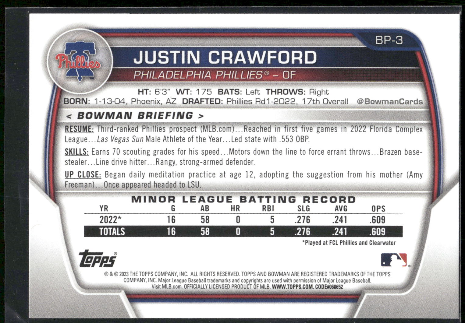 2023 Bowman #BP-3 Justin Crawford Prospects