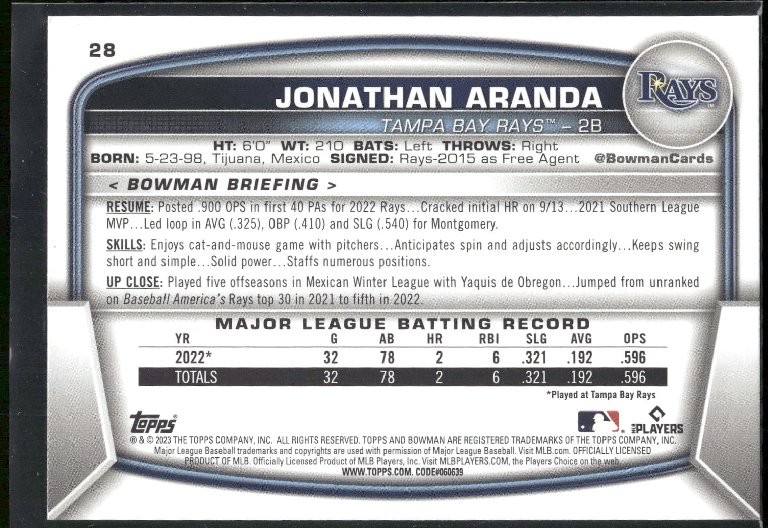 2023 Bowman #28 Jonathan Aranda