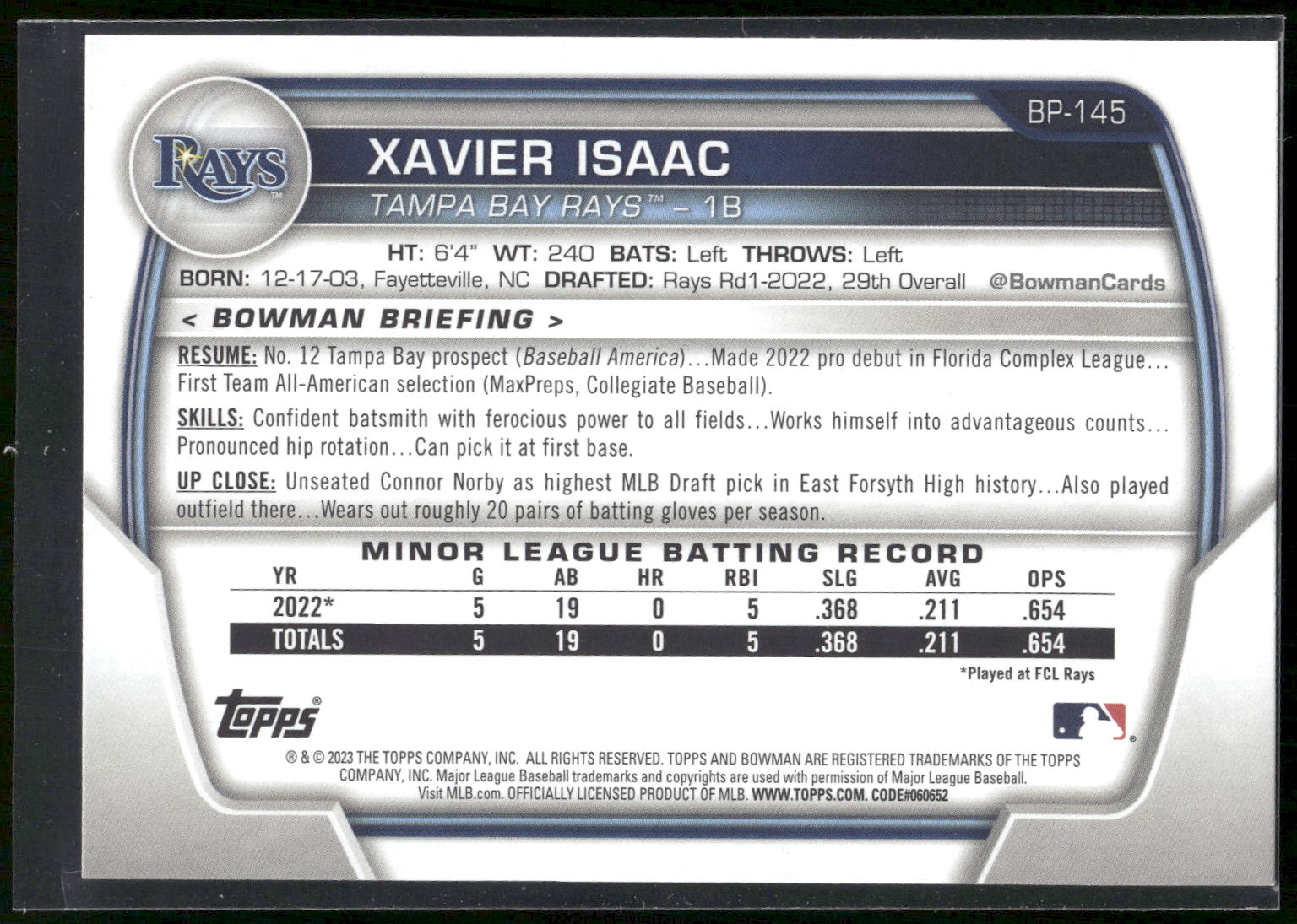 2023 Bowman #BP-145 Xavier Isaac Prospects