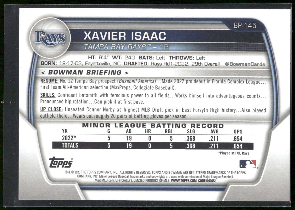 2023 Bowman #BP-145 Xavier Isaac Prospects