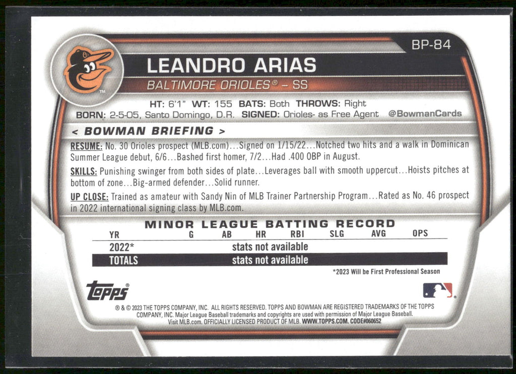 2023 Bowman #BP-84 Leandro Arias Prospects