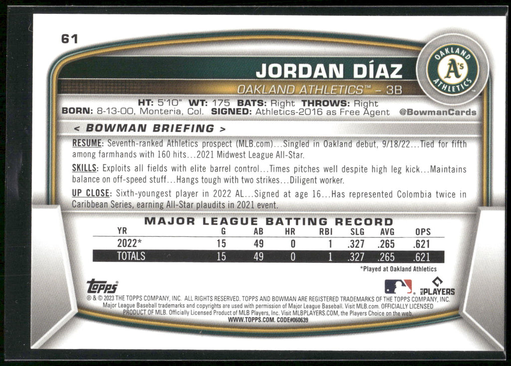 2023 Bowman #61 Jordan Diaz