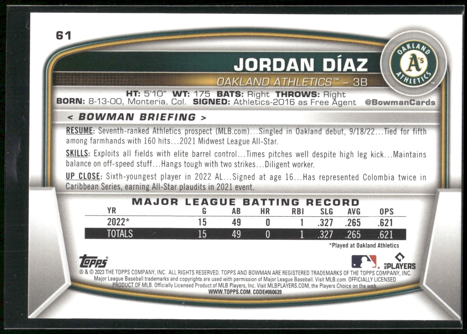 2023 Bowman #61 Jordan Diaz
